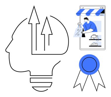 Büyümeyi simgeleyen oklarla insan kafası ana hatları, akıllı telefondan online alışveriş, teslimatçı çocuk ve mavi kurdele. Yenilik, e-ticaret, teknoloji, büyüme, müşteri hizmetleri kalitesi için ideal