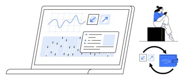Finansal grafik ve grafikleri gösteren dizüstü bilgisayar, tablet kullanan kişi, veri transferini gösteren oklar, cüzdan simgesi, bağlı elemanlar. Finans, veri analizi, fintech, mobil bankacılık için ideal