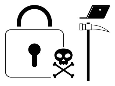 Large padlock with keyhole symbolizes security. Skull and crossbones warning of danger. Laptop connected to pickaxe represents hacking. Ideal for cybersecurity, data protection, risk management clipart