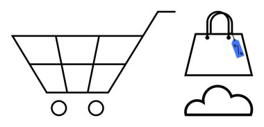Alışveriş arabası sembolü, fiyat etiketli alışveriş çantası ve bulut simgesi. Çevrimiçi alışveriş, e-ticaret, perakende satış, bulut depolama, dijital pazar yeri müşteri hizmetleri için ideal. Soyut satır düzlüğü