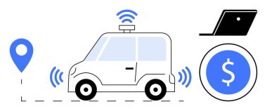 Kablosuz sinyalleri, GPS işaretleyicisi, dizüstü bilgisayarı ve dijital para birimi simgesi olan otomatik çalışan bir araba. Teknoloji entegrasyonu, akıllı ulaşım, mali işlemler, veri alışverişi, dijital ekonomi için ideal