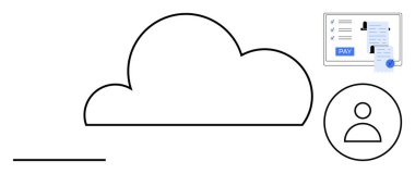 Kullanıcı profili çemberi ve dijital ödeme ekranlı bulutlar. Bulut hesaplama, dijital ödemeler, kullanıcı profilleri, çevrimiçi depolama, güvenli işlemler, teknoloji hizmetleri ve veri yönetimi için ideal