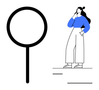 Magnifying glass and thoughtful woman in blue sweater and white pants suggest exploration and analysis. Ideal for research, investigation, decision making, planning, problem solving, curiosity clipart