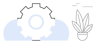 Arka planda bulut şekilli endüstriyel teçhizat ve teknoloji ve doğanın dengesini sembolize eden saksı bitkisi. Teknoloji, yenilik, çevre, sanayi, sürdürülebilirlik ve denge için ideal