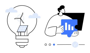 Rüzgar türbini ve güneş paneli olan bir ampul. Yanında da bar çizelgesi olan bir yapboz parçası var. Sürdürülebilirlik, yenilenebilir enerji, yenilik, veri analizi, temiz enerji, yeşil