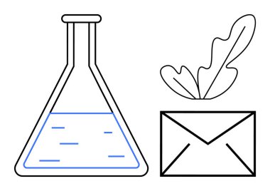 Sıvı bir laboratuvar şişesi, bitki yaprağı içeren bir posta zarfı. Bilim iletişimi, araştırma yardımı, çevre dostu girişimler, laboratuvar güncellemeleri, bilimsel bulgular için ideal