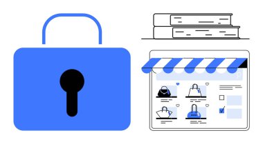 Dijital kilit simgesi, çizgili tenteli online alışveriş sitesi ve istiflenmiş referans kitapları. E-ticaret, siber güvenlik, çevrimiçi eğitim, dijital güvenlik, güvenli işlemler, öğrenim ağı