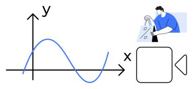 Bir grafik grafiğinin yanında alışveriş torbaları tutan bir adam, X ve Y eksenleri etiketli, kare ve üçgen grafik elementlerin yanında. Veri analizi ve tüketici davranışı için ideal