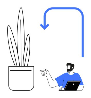 Kulaklıklı ve dizüstü bilgisayarlı bir adam, uzun bir saksı bitkisinin yanındaki mavi bir oku işaret ediyor. İş büyümesi, uzak çalışma, müşteri hizmetleri, rehberlik, doğa bağlantısı, üretkenlik, pozitif