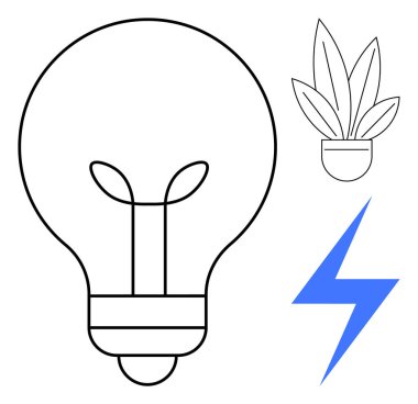 İçinde bitki, şimşek ve saksı bitkisi olan ampul hatları. Sürdürülebilirlik, yenilik, yeşil enerji, çevre dostu, çevre bilinci, elektrik yenilenebilir