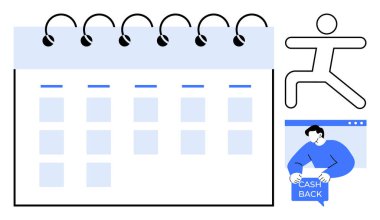 Sarmal ciltli bir takvim, basit bir insan figürü ve elinde nakit para levhası tutan bir kişi. Program planlama, iş organizasyonu, mali yönetim, zaman yönetimi ve verimlilik için ideal