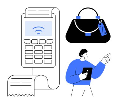 Mobil ödeme terminali, basılı makbuz, NFC sinyali, etiketli şık bir çanta, tablet tutan adam ve işaret parmağı. Perakende, e-ticaret, ödeme işlemleri, dijital cüzdanlar için ideal
