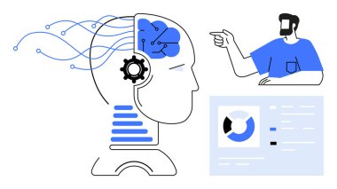 Dijital beyin diyagramını gösteren insan çizgileri, dişlileri ve veri tablosunu birbirine bağlıyor. Yapay zeka, makine öğrenme, teknoloji, insan-bilgisayar etkileşimi, yenilik, veri analizi için ideal