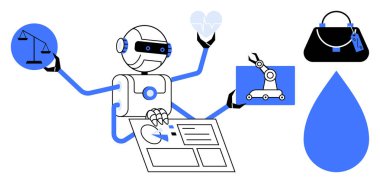 Çok kollu robot adalet, kalp, robot kol ve tablet arayüzünü kontrol eden aletler taşıyor. El çantası ve gözyaşı damlaları yüzüyor. Yapay zeka etiği, teknolojik etki ve otomasyon için ideal