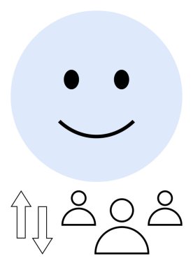 Yukarı ve aşağı hareketi gösteren üç kullanıcı simgesi ve okun üzerindeki büyük mutlu yüz. Takım çalışması, seyirci desteği, performans değerlendirmesi, kullanıcı geribildirimi, iletişim, liderlik için ideal