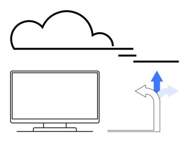 Veri akışını ve teknoloji kavramlarını gösteren bulut, monitör ve yön okları. Teknoloji, veri yönetimi, bulut hizmetleri, bilgi akışı, dijital dönüşüm, bilişim için ideal