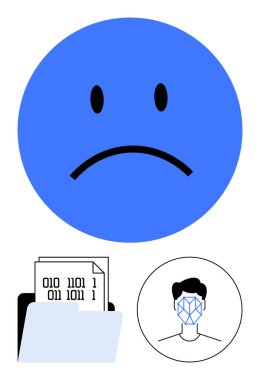 Blue sad emotion symbolizing data misuse, binary numbers in a folder indicating stored information, and face scanning icon related to AI, privacy, and identity. Ideal for technology, AI ethics clipart