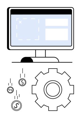 Kullanıcı arayüzü, büyük teçhizat, yenilik, üretkenlik, otomasyon, gelir, finansal yönetim, işlem optimizasyonunu vurgulayan düşen dolar sikkeleri olan masaüstü monitörü. IT sistemleri için ideal