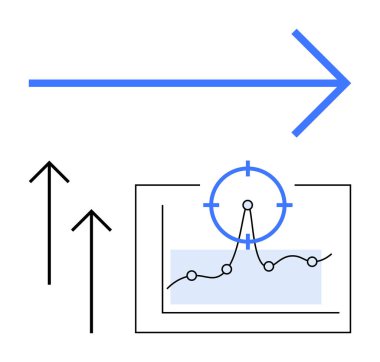 Mavi ok yön gösteriyor, yukarı doğru siyah oklar, hedef işaretli büyüme grafiğine odaklan. İş stratejisi, veri analizi, hedef belirleme, pazar eğilimleri, ilerleme izleme ve tahmin için ideal