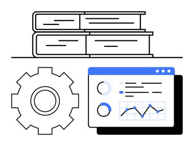 Kitaplar bilgi teçhizatını sembolize eder ve grafik ile birlikte veri eğilimlerini temsil eder. Eğitim, araştırma, analitik, strateji, optimizasyon, takım çalışması, soyut çizgi düz metaforu için ideal