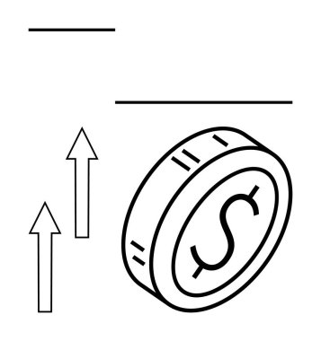 Bir doların yanında iki yukarı doğru ok ve basit bir çizgi sanatı. Finans, işletme, kâr büyümesi, yatırım, piyasa, ekonomi ve soyut düz çizgi metaforu için ideal