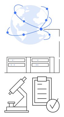 Bağlantı düğümleri, veri sunucuları, bir mikroskop ve işaretli bir kontrol listesi olan bir dünya. Teknoloji, araştırma, veri analizi, bilim, küresel ağ sistemi doğrulama ve dijital için ideal