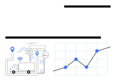 Teslimat kamyonu, konum simgeleri, akıllı telefon, ağ sinyalleri ve çizelge akıllı lojistiği gösteriyor. Arz zinciri, filo yönetimi, analitik, dijital çözümler için ideal soyut büyüme takibi