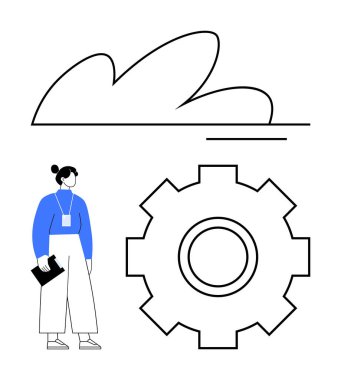 Dişli ve soyut bulutun yanında panosu olan kişi problem çözmeyi, işbirliğini, yenilikçiliği, iş akışı yönetimini, bulut hesaplamayı, teknolojiyi ve liderliği sembolize ediyor. Soyut satır düzlüğü