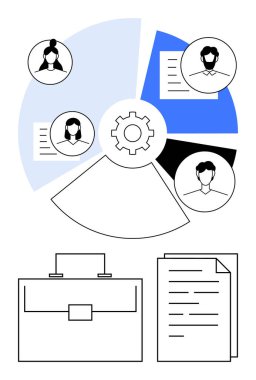 Daire çizelgesi, takım avatarları, vites simgesi ortada, belgeler ve evrak çantası aşağıda. Takım çalışması, proje planlaması, HR, organizasyonel görevler, veri paylaşımı soyut çizgi işbirliği için ideal