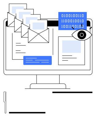 E- postalar, ikili kod ve bilgisayar ekranındaki bir göz sembolü siber güvenliği, veri korumasını ve izlemeyi vurguluyor. Çevrimiçi iletişim, gizlilik, dolandırıcılık denetimi ve teknoloji için ideal
