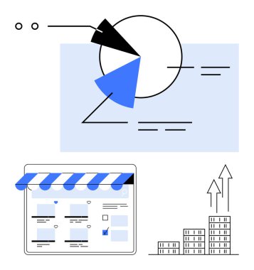Turta şeması analizi, mağazanın ön sayfası, oklar ve bar binaları e-ticareti, büyümeyi, satış stratejisini ve iş anlayışını ön plana çıkarıyor. Pazarlama ve analitik büyüme grafikleri için ideal ticaret