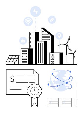 Connected city buildings, solar panel, wind turbines, digital icons for energy and wireless. Certificate with clock, globe with data network, server storage. Ideal for technology, sustainability clipart