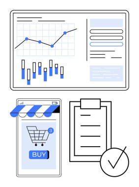 Bar çizelgeleri olan grafik ekran, akıllı telefon vitrinli alışveriş arabası simgesi, işaretli kontrol listesi panosu. Ekommerce, analitik, üretkenlik, organizasyon, finans, iş akışı uygulamaları için ideal