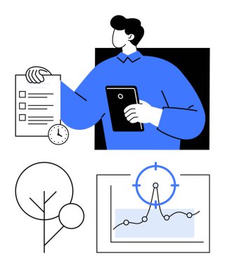 Tablet ve kontrol listesi tutan kişi, saati gösteren saat, minimalist ağaç, ve hedef altında grafik. Üretkenlik, zaman yönetimi, proje planlaması, analitik, hedef belirleme verimliliği için ideal