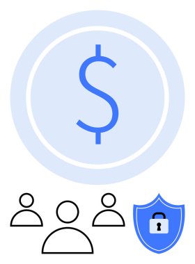 Dolar işareti, kullanıcı simgelerinin üzerinde daire şeklinde ve kilidi finansal korumayı gösteren bir kalkan şeklinde. Bankacılık, fintech, takım çalışması, güvenlik, güven, tasarruf ve işbirliği için ideal. Soyut çizgi düz metafor