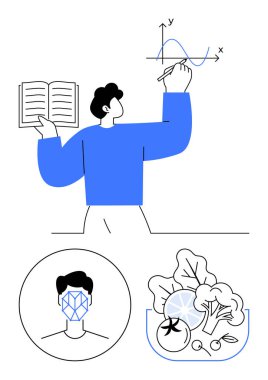 Adam grafiği kitapla inceliyor. Yüz tanıma, aşağıda sağlıklı yemek kasesi. Eğitim, veri analizi, AI, sağlık, beslenme, kişisel büyüme soyut çizgisi düz metaforu için ideal