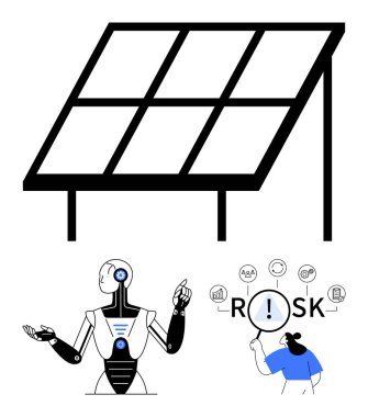 Solar panel representing clean energy, robot symbolizing AI, and human analyzing risk with a magnifying glass. Ideal for sustainability, technology, innovation, research, AI, problem-solving clipart