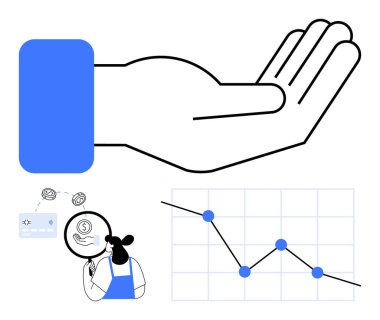 Yardım bekleyen açık el, azalan mali grafik, büyüteçle para analiz eden kişi. İş düşüşü, mali kriz, yatırım kaybı, ekonomik kriz ve piyasa analizi için ideal