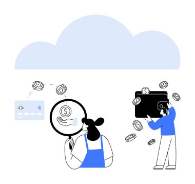 Kredi kartını büyüteçle inceleyen kişi, diğerinin elinde yüzen bozuk paralarla büyük boy cüzdan var. Dijital bankacılık, çevrimiçi işlemler, kripto para birimi, finansal analiz, bulut için ideal