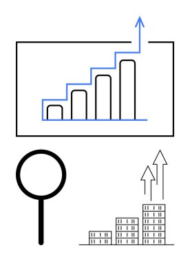 Yukarı doğru eğilimli çubuk grafik, büyüteç ve yukarı bakan oklu binalar. Analiz, iş büyümesi, strateji, başarı, finans, soyut ilerleme çizgisi için ideal