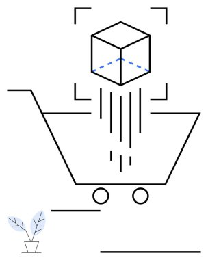 Küp, ürün dijitalleşmesini gösteren soyut çizgilerle bir alışveriş arabasına yansıtılıyor. Ecommerce, online alışveriş, teknoloji, perakende, yenilik, iş ve soyut düz metafor için ideal