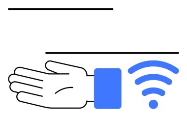 Mavi kablosuz sembol ile eşleştirilmiş el uzatılmış, yukarıdaki ve aşağıdaki dengeleyici çizgiler. Bağlantı için ideal, dijital iletişim, teknoloji, teklifler, hizmetler, erişim ağı. Çizgi