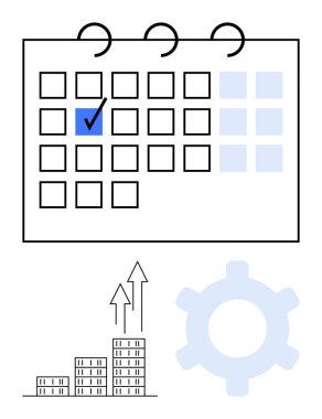 Calendar with a blue checkmark highlights a selected day, accompanied by a growth bar graph with upward arrows and a gear icon. Ideal for scheduling, target goals, business planning, progress clipart