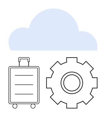 Bavul ve teçhizatların üzerindeki bulut şekli dijital depolama, seyahat ve sistem verimliliğini temsil ediyor. Bulut hesaplama, seyahat yönetimi, teknik çözümler, iş operasyonları, veriler için ideal