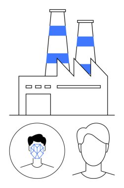 Bacalı fabrika, yüz tanıma sistemi ve boş kullanıcı profili. Yapay zeka, biyometrik, imalat, güvenlik, veri gizliliği, endüstriyel teknoloji soyut metaforu için ideal