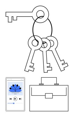 Anahtarlar bir yüzükte, evrak çantasında ve Lotus erişimini, profesyonelliği ve farkındalığı simgeleyen bir cep telefonu oynatıcısı. İş için ideal, kariyer büyümesi, kişisel gelişim, organizasyon farkındalığı