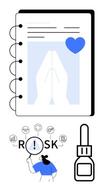 Dua eden elleri ve kalbi olan defter, risk değerlendirme simgelerini vurgulayan büyüteç, insan analizi, ilaç şişesi. Sağlık, farkındalık, maneviyat, risk yönetimi, kişisel bakım için ideal