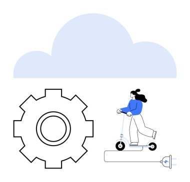 Kadın elektrikli scooter kullanıyor. Etrafı bulutlarla ve şarj priziyle çevrili. Teknoloji, hareketlilik, sürdürülebilirlik, yenilik, bulut bağlantısı, enerji verimliliği, soyut düz çizgi