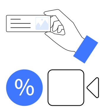 Detaylı el ele tutuşan kartvizit, çevrelenmiş yüzde işareti ve video oynatma tuşu. Ticari kimlik, dijital pazarlama, indirimler, multimedya içeriği, markalaşma, finansman için ideal