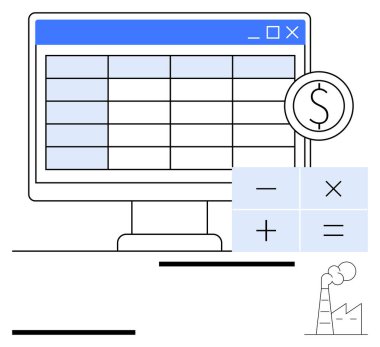 Izgara hesap tablosu, dolar işareti simgesi, hesap makinesi sembolleri ve minimalist fabrikası olan bilgisayar ekranı. Finans, muhasebe, iş araçları, bütçe planlaması, ekonomik planlama otomasyonu için ideal